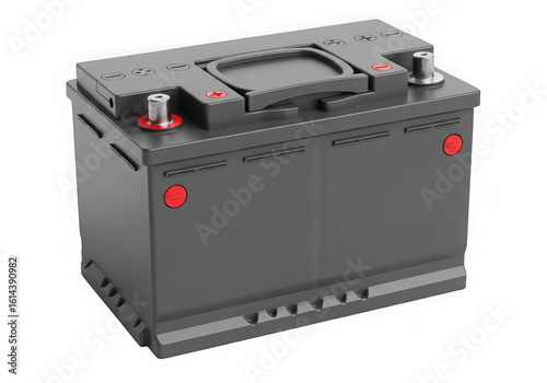 A black car battery with red terminals sits isolated on a transparent background