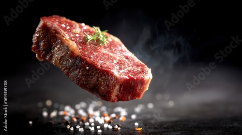beef steak floating in the air, in front of black background
