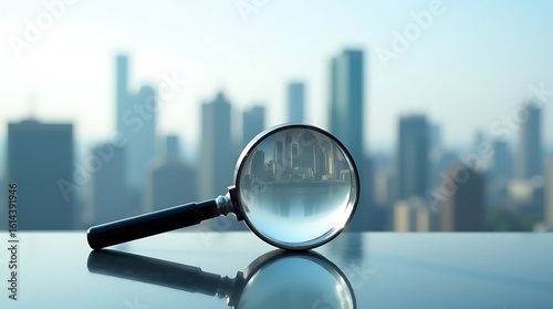 A magnifying glass over a financial newspaper, office building, and city map depicts business research and market analysis