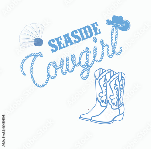 Soft pastel "Seaside Cowgirl" design with boots and beach hat. Ideal for coastal cowgirl-themed t-shirts, stickers, and light western fashion prints. Seaside Cowgirl – Light Blue Theme