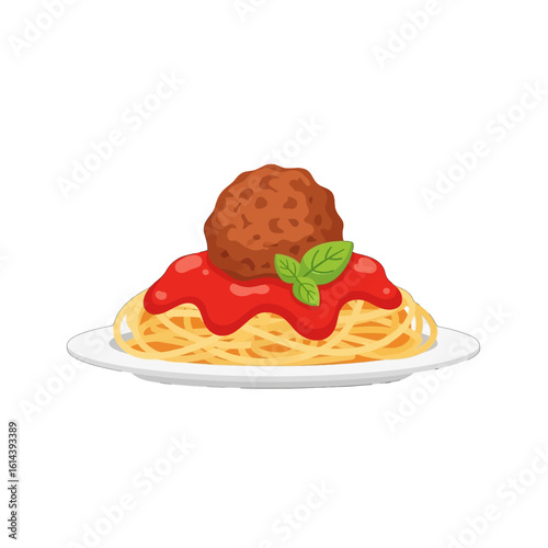 Cartoon illustration of spaghetti with tomato sauce, a meatball, and a basil leaf on a white plate.