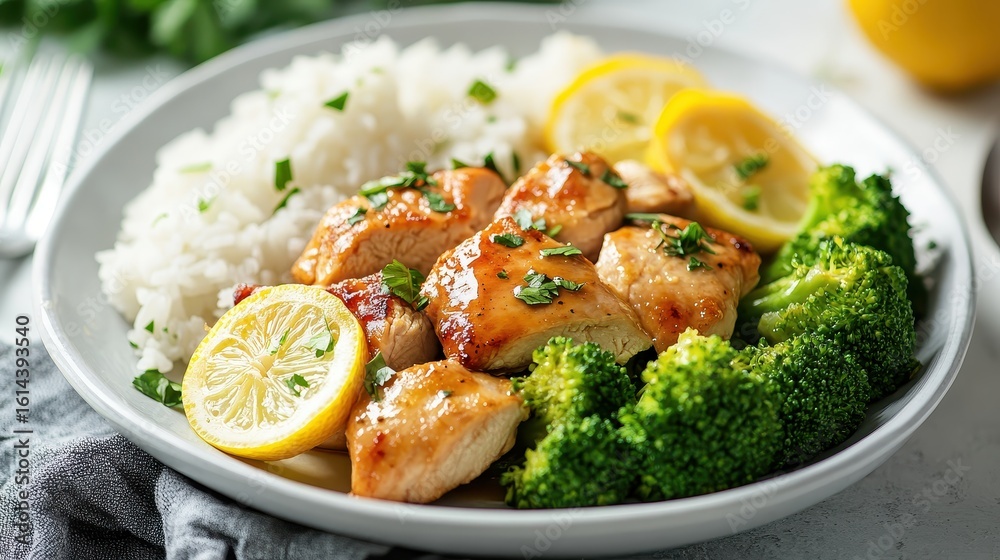 Grilled Chicken with Rice, Broccoli, and Lemon Garnish on Plate Grilled Chicken with Rice, Broccoli, and Lemon Garnish on Plate
