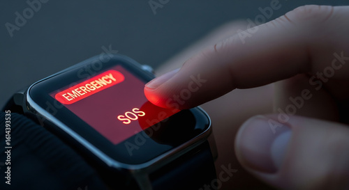 Close-Up of Finger Pressing SOS Emergency Mode on Smartwatch for Disaster Alert