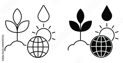 Black and White Nature Icons Representing Sustainability and Environmental Care