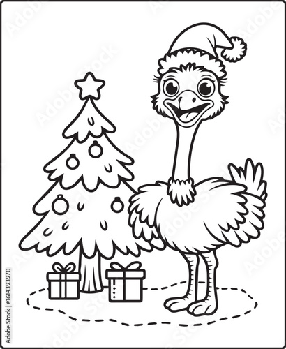 Christmas ostrich with hat standing with christmas tree scene black line art vector for kids coloring pages