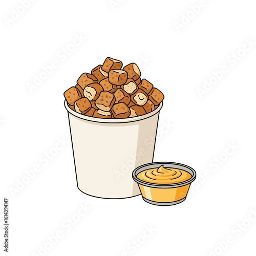 A bucket overflowing with golden brown pretzel bites, next to a small dipping sauce.