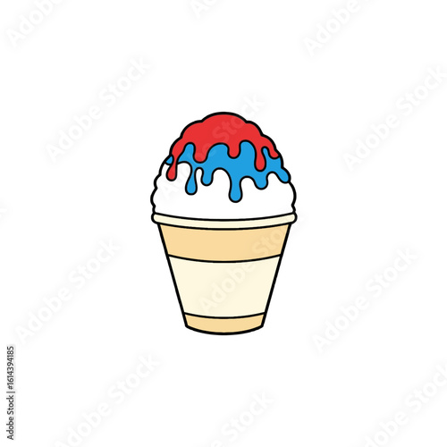 Colorful shaved ice dessert in a paper cup.