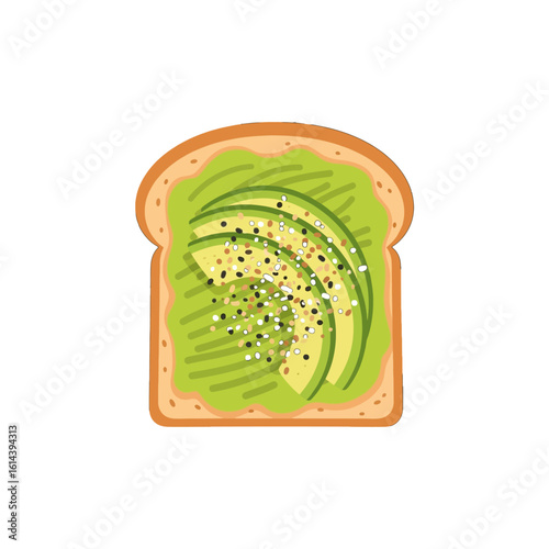 A slice of toast topped with avocado slices and sprinkled with seasoning, isolated on white.