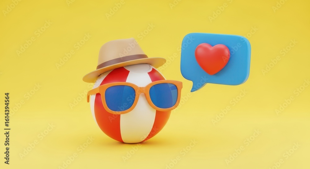 Fototapeta premium Photo of a beach ball wearing a hat and sunglasses with a heart in a speech bubble on a yellow background