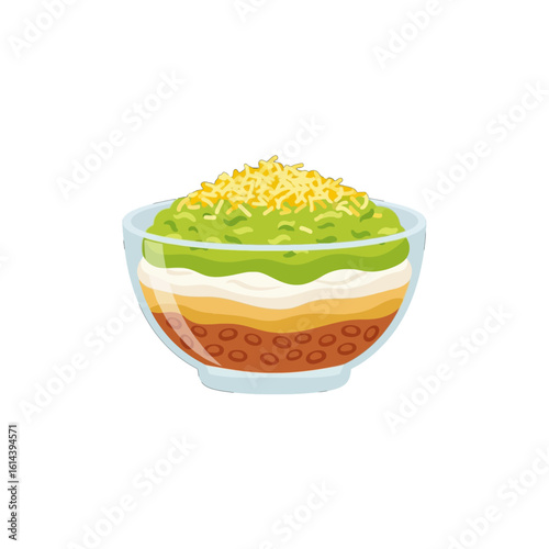 Layered Mexican dip in a glass bowl, topped with shredded cheese.