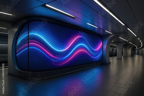 Modern curved LED advertising display integrated into contemporary subway station architecture with dynamic lighting