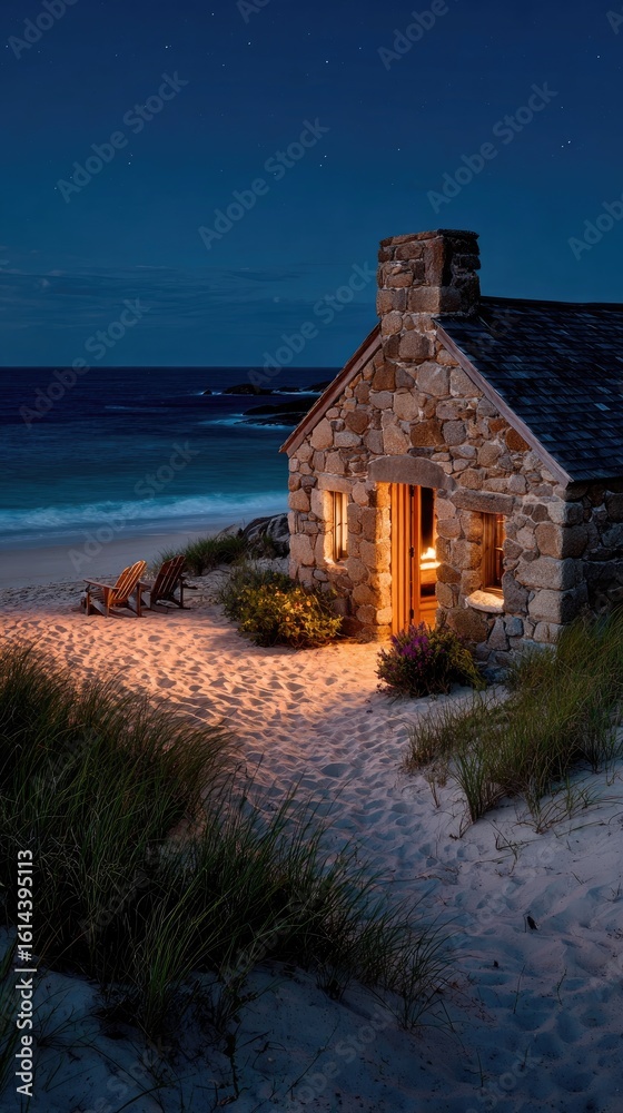 Fototapeta premium Coastal stone cottage bathed in twilight glow