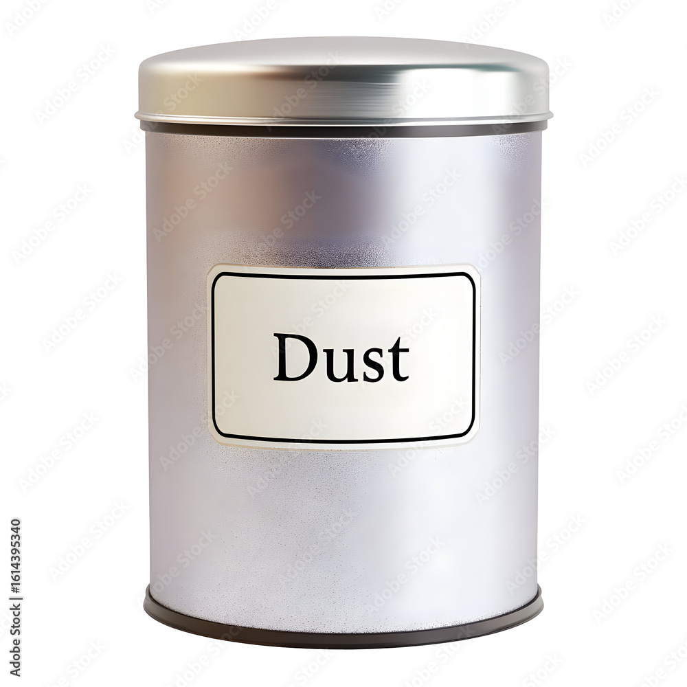 Humorous depiction of a silver dust container against a black background Humorous depiction of a silver dust container against a black background