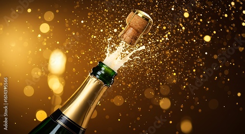 Champagne bottle with popping cork and splash. 