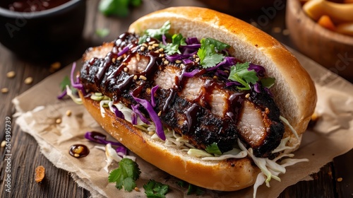 Grilled Pork Sandwich with Asian Slaw and Barbecue Sauce Drizzle
