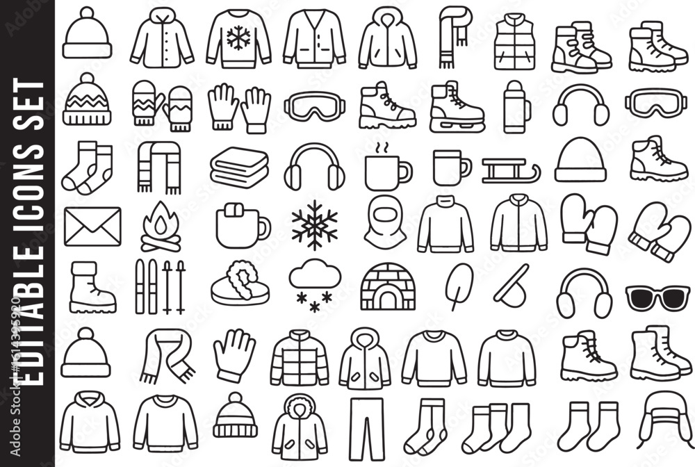 Editable Outline Icon Set of Winter Clothes and Cold Weather Activities Editable Outline Icon Set of Winter Clothes and Cold Weather Activities