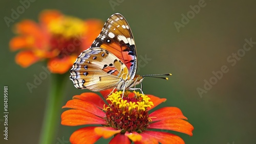 Macro photograph of a vividly patterned orange butterfly sitting atop a red and yellow flower in full bloom, set against a soft-focus background to highlight the beauty, details of natural pollinators