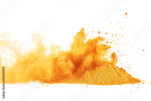 Fototapeta Naklejka Na Ścianę i Meble -  Vibrant orange powder explosion creates a dynamic cloud of spice or pigment, perfect for culinary or artistic projects.