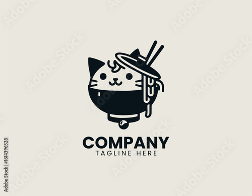 Playful cat character wearing a traditional Asian bowl hat with stylized ramen noodles. Food mascot concept