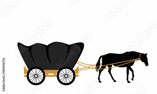 Silhouette illustration of a horse pulling a wooden cart. On a white background.