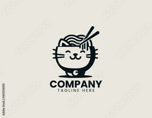 Playful cat character wearing a traditional Asian bowl hat with stylized ramen noodles. Food mascot concept