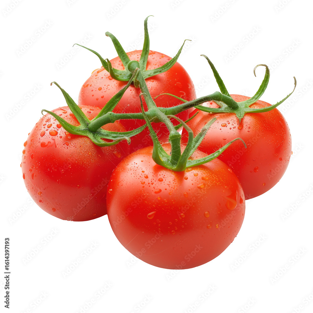 Close-up of four fresh, vibrant red tomatoes, slightly clustered, with green stems and water droplets Close-up of four fresh, vibrant red tomatoes, slightly clustered, with green stems and water droplets