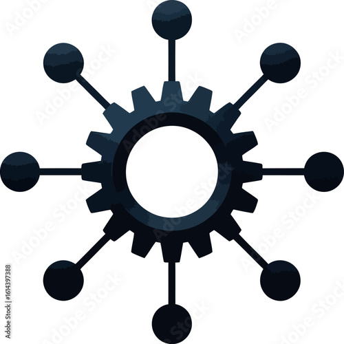 A gear with spokes extending to spheres against a plain background in a minimalist style image art