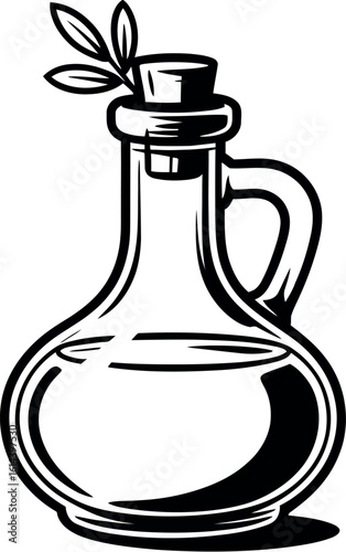 Illustration of a glass bottle filled with yellow liquid and a cork stopper with leaves on top