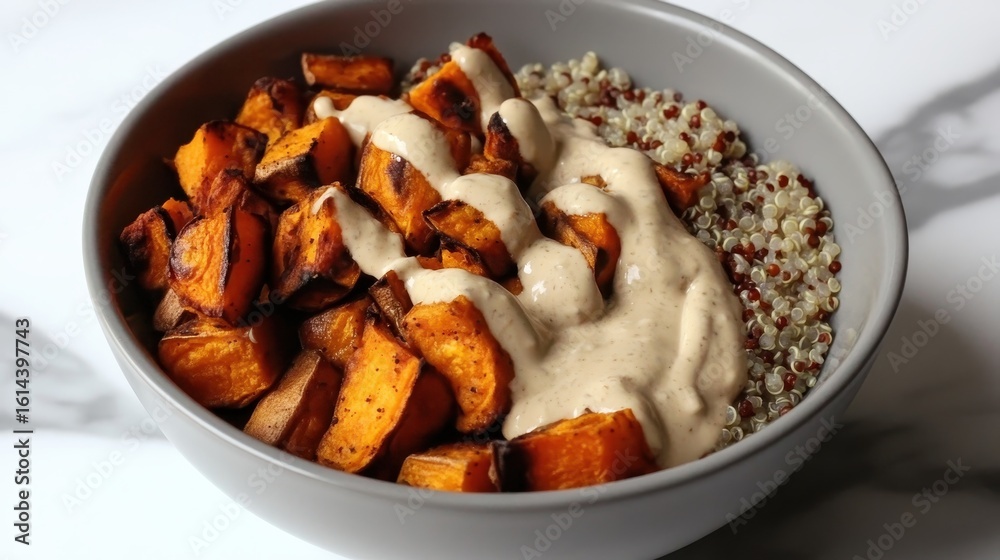 Healthy Bowl of Roasted Sweet Potatoes with Quinoa and Sauce Healthy Bowl of Roasted Sweet Potatoes with Quinoa and Sauce