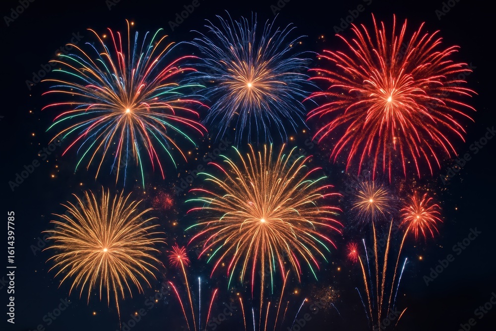 Fototapeta premium Spectacular fireworks celebration display with colorful pyrotechnics exploding against midnight sky creating festive atmosphere