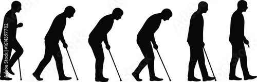 Progressive silhouette of elderly man walking with cane, aging process, health and mobility theme, cad drawing flat vector illustration