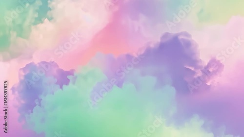 Pastel clouds background with soft, colorful and dreamy texture. Abstract cloudscape with soft colors, pink, green, and purple hues. Sky background, vaporwave aesthetic.