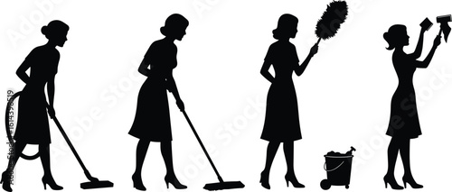 Silhouette of professional cleaning team in action, sweeping, vacuuming, dusting, sanitation gesture, cad drawing flat vector illustration, black white
