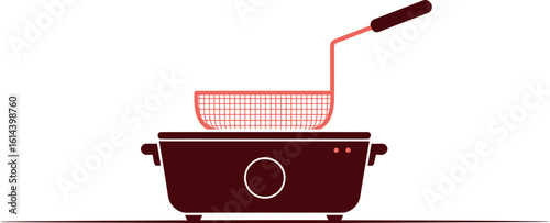 A simplified illustration of a deep fryer with a basket on top against a plain background design style