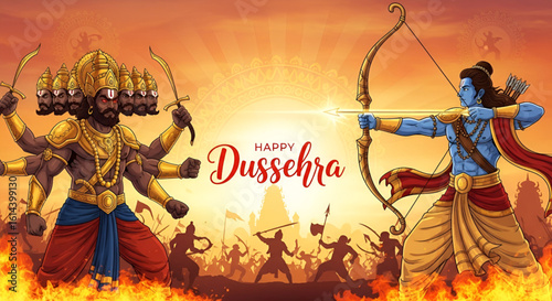 Ancient illustration of blue skinned warrior lord rama pulling bow to shoot arrow at demon king ravana with multiple heads during dussehra festival celebration in hindu culture