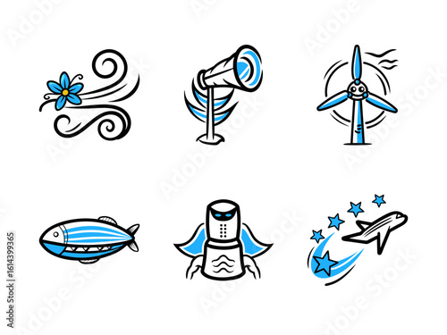 Collection of hand drawn icons representing wind energy and flight