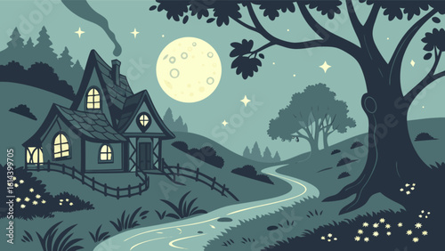 Enchanting night landscape illustration with cottage house under moonlight and starry sky vector design