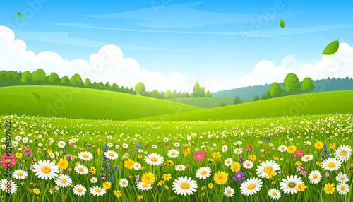 Blissful Meadow in Bloom: A breathtaking vista of a vibrant meadow, with a profusion of wildflowers in full bloom, lush green hills under a radiant blue sky. A scene of beauty and serenity