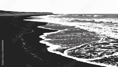 Monochromatic black sand beach landscape with ocean waves and coastline scenic travel destination view