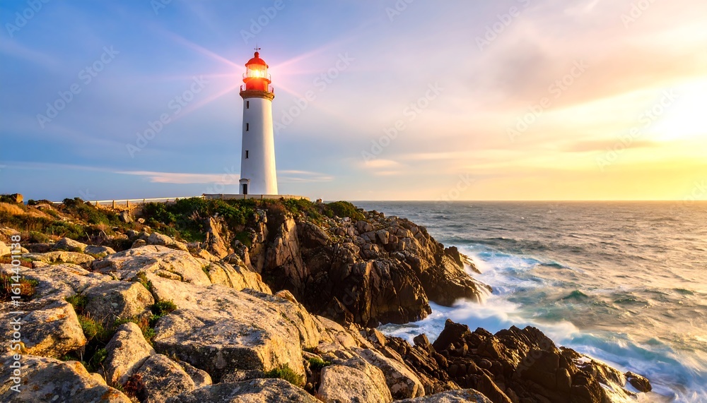 Naklejka premium Beacon of Hope: A Coastal Lighthouse Bathed in the Warm Glow of the Setting Sun