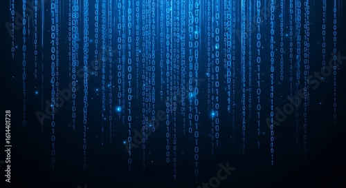 Abstract digital binary code cascading downwards in a dark blue background.