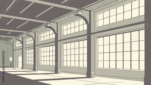 Illustration of industrial warehouse interior with large windows and concrete support beams and shadows art