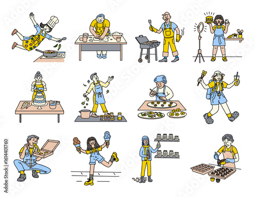 A vibrant set of 12 cartoon illustrations showing diverse characters cooking, grilling, eating, and enjoying snacks. Ideal for food blogs, culinary content, menus, and lifestyle-themed designs.