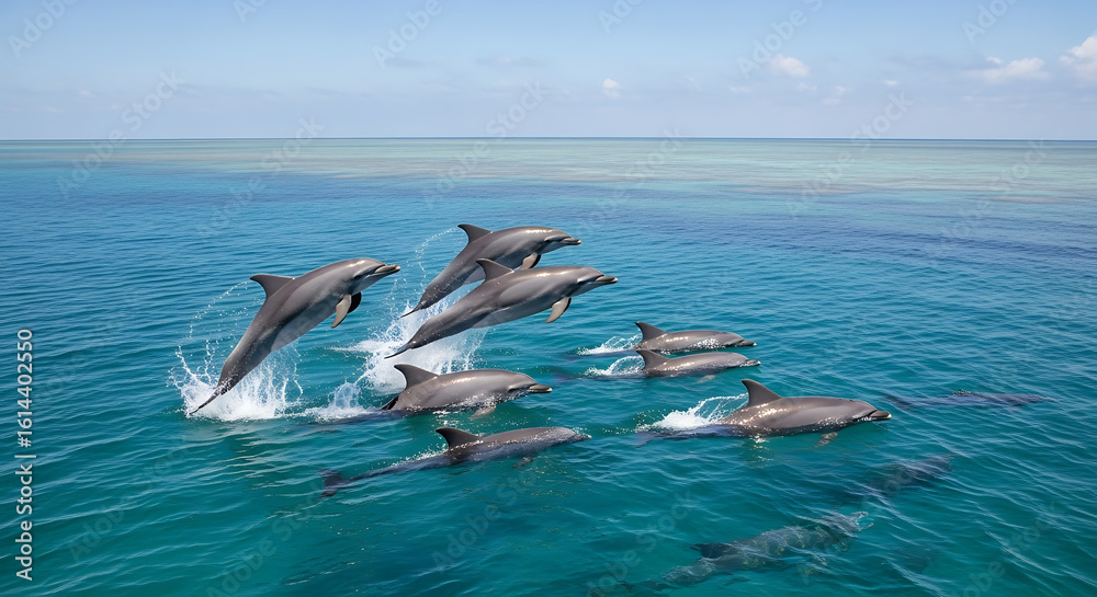 Obraz premium A pod of dolphins leaps and plays in the vibrant ocean.