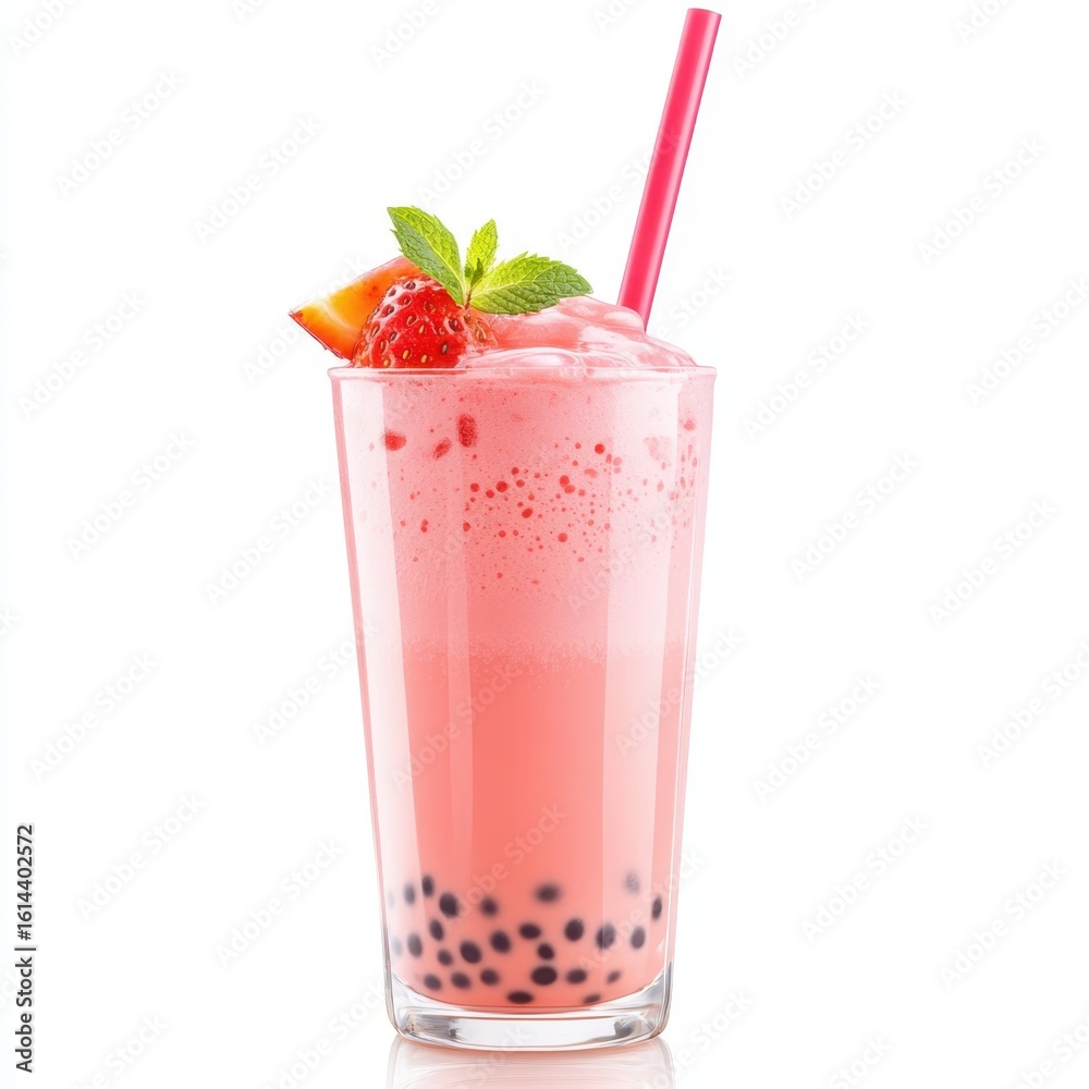 Pink strawberry boba smoothie with mint and fruit isolated on white background Pink strawberry boba smoothie with mint and fruit isolated on white background