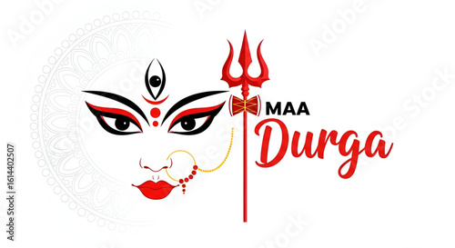 illustration of maa durga face with red eyes and trishul on white background for navratri puja celebration representing power of indian goddess in hindu spiritual culture