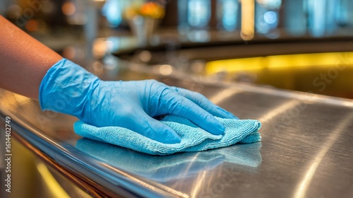 Cleaning Action at a Restaurant Counter Hygiene Maintenance Indoor Close-Up Sanitation Procedures for Safety