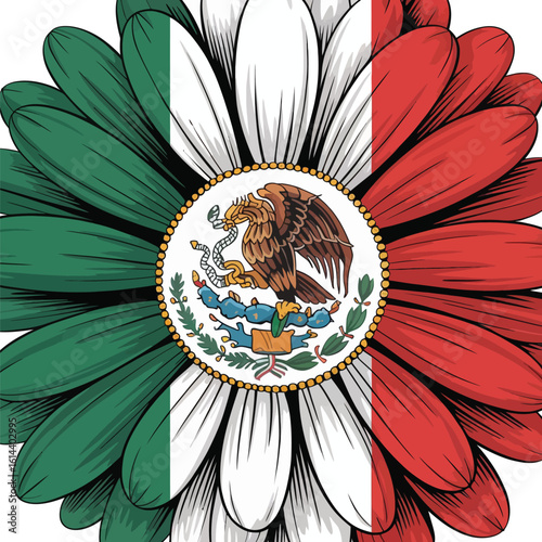 Mexican Flag sun Flower vector Illustration with Green White Red Petals and Eagle Emblem – Patriotic Floral Art for Mexican Independence Day, Heritage Pride Cultural Celebration, viva mexico tshirt t