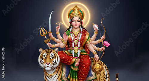 illustration of hindu goddess durga sitting on tiger holding weapons and lotus flower with glowing aura in dark temple background for navratri dussehra celebration concept