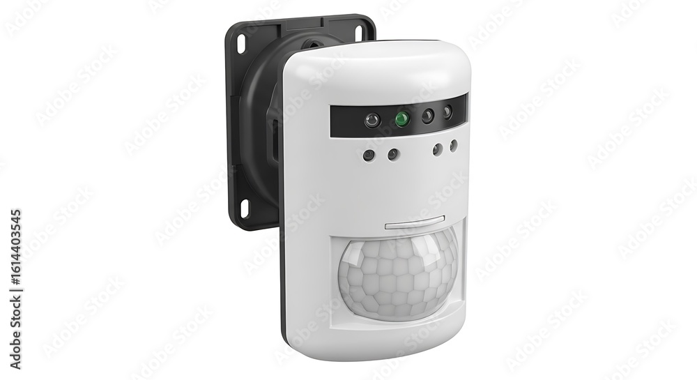 Fototapeta premium A white motion sensor, part of a home security system, featuring a dome lens and indicator lights.